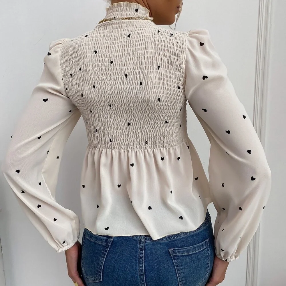 Boho Burgundy Red Heart Print Frill Neck Top - Picture 7 of 7